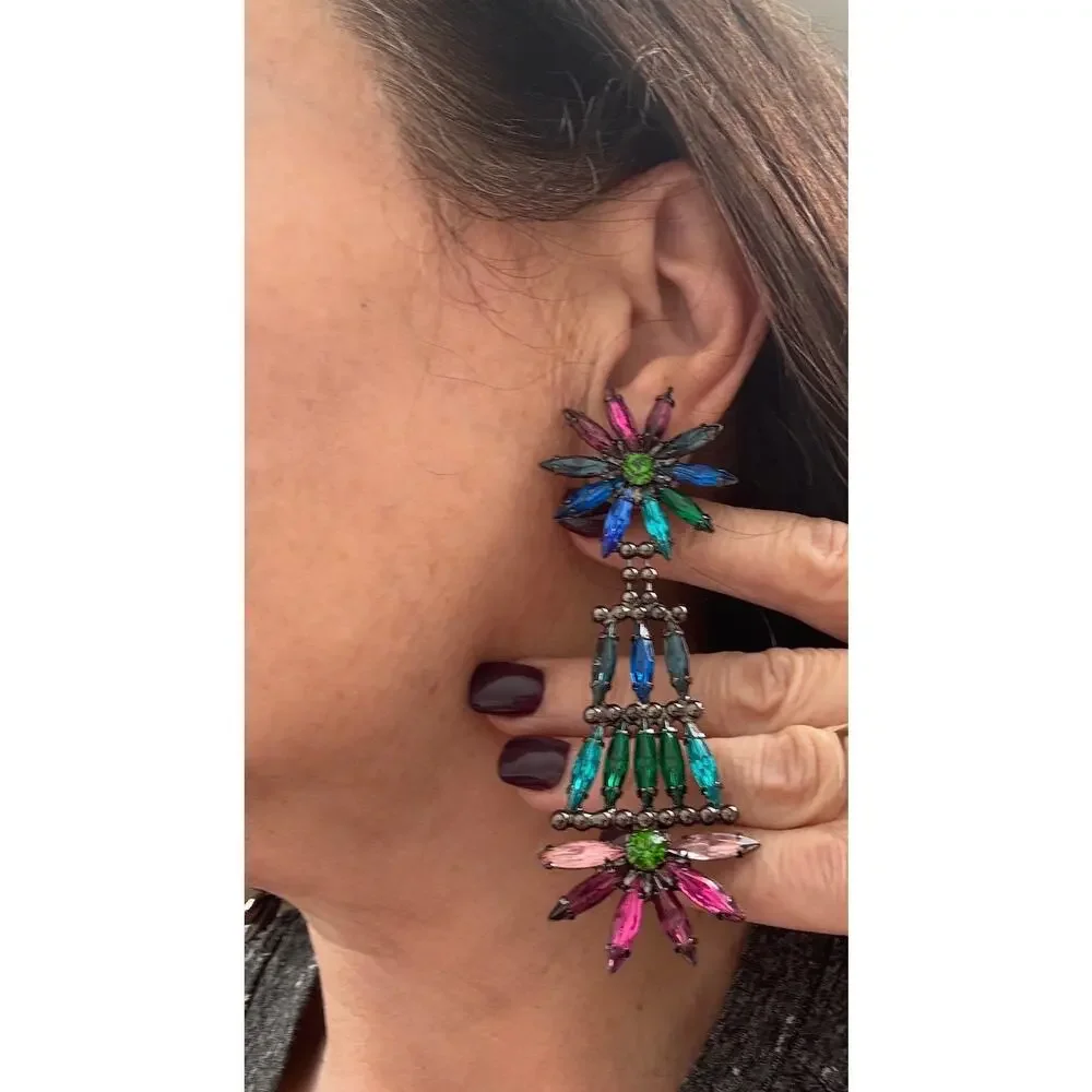 Doug Paulus Signed Rainbow Crystal Starbust Long Drop Earrings NWOT